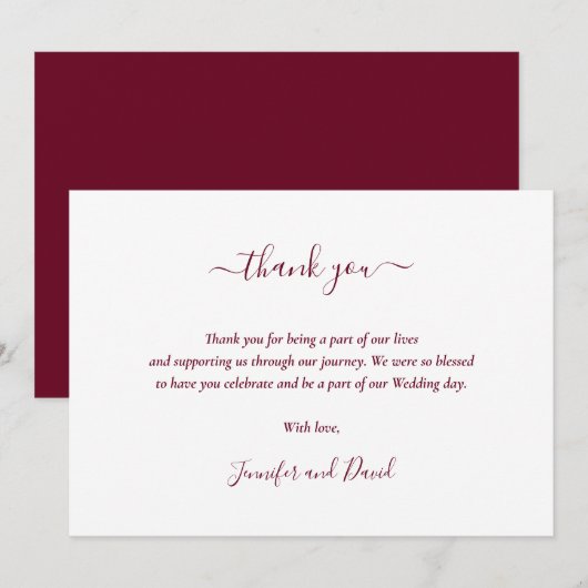 Modern Script Burgundy Wedding Bedankkaart (Voorkant / Achterkant)