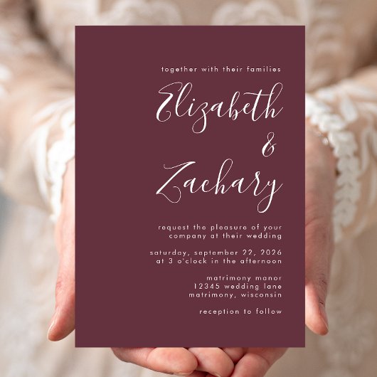 Modern Script Burgundy Wedding Kaart