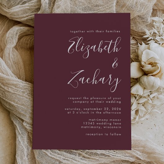 Modern Script Burgundy Wedding Kaart