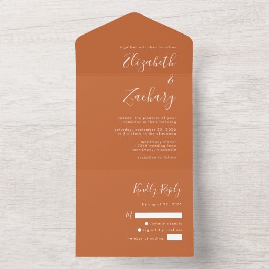 Modern Script Burnt Oranje Wedding All In One Uitnodiging (Binnen)