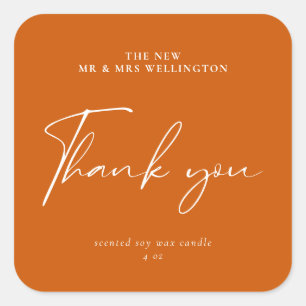 Modern Script Burnt Sinaasappel Wedding Favor Cand Vierkante Sticker