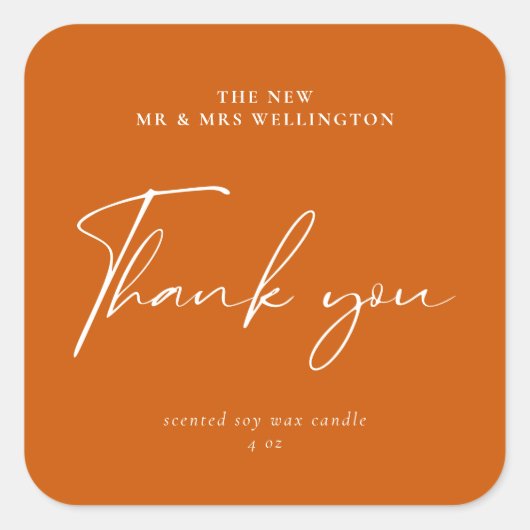 Modern Script Burnt Sinaasappel Wedding Favor Cand Vierkante Sticker (Voorkant)