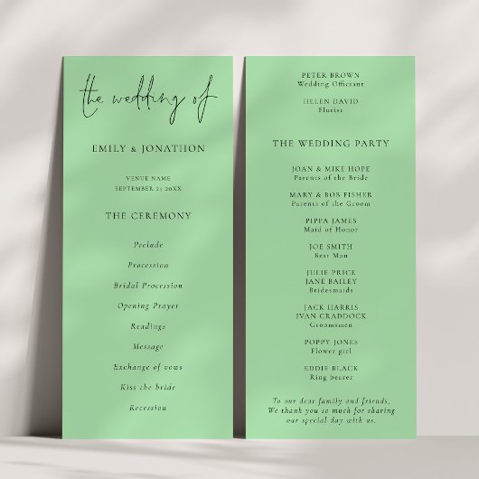 Modern Script Caledon Green Wedding Programma