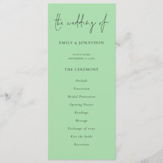 Modern Script Caledon Green Wedding Programma (Voorkant)