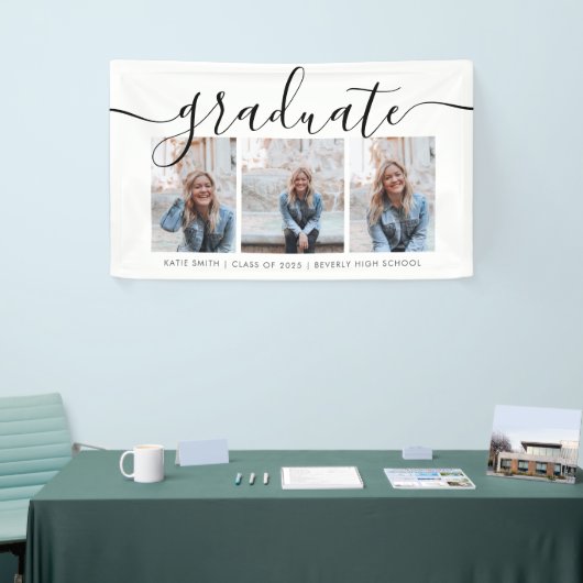 Modern Script Calligraphy Afstuderen Three Photo Spandoek (Beurs)