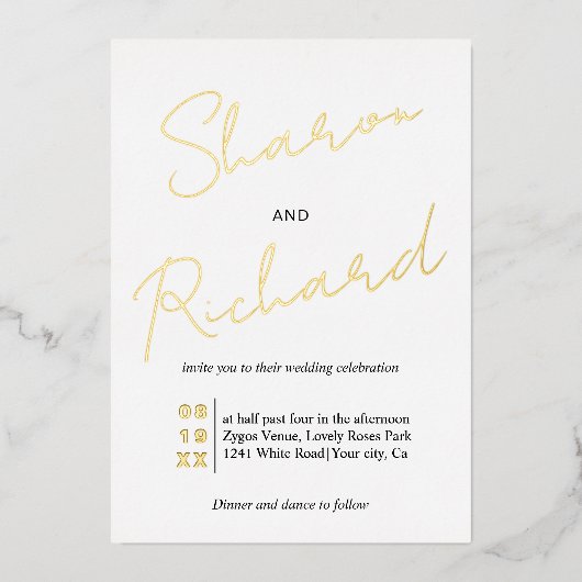 Modern script calligraphy bruiloft gold folie uitnodiging (Voorkant)