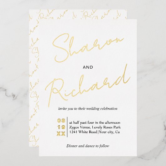 Modern script calligraphy bruiloft gold folie uitnodiging (Voorkant / Achterkant)