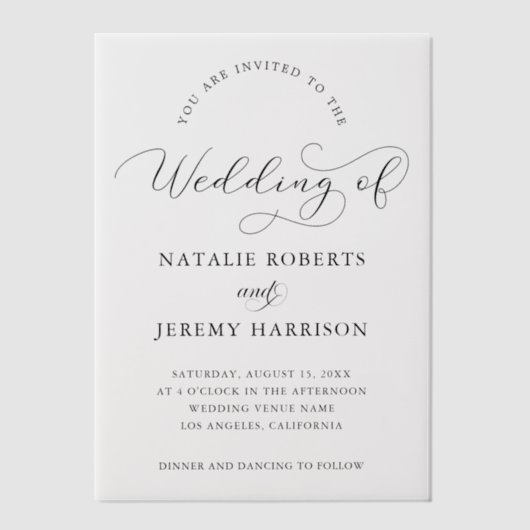 Modern Script Casual Wedding Vellum Uitnodigingen (Voorkant)