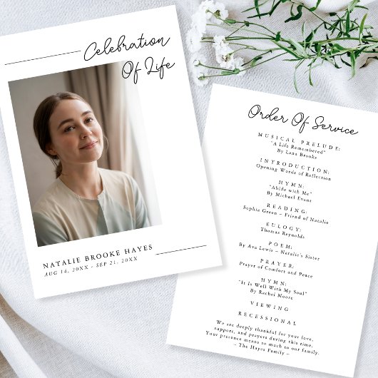 Modern Script Celebration of Life Photo Funeral Programmakaart