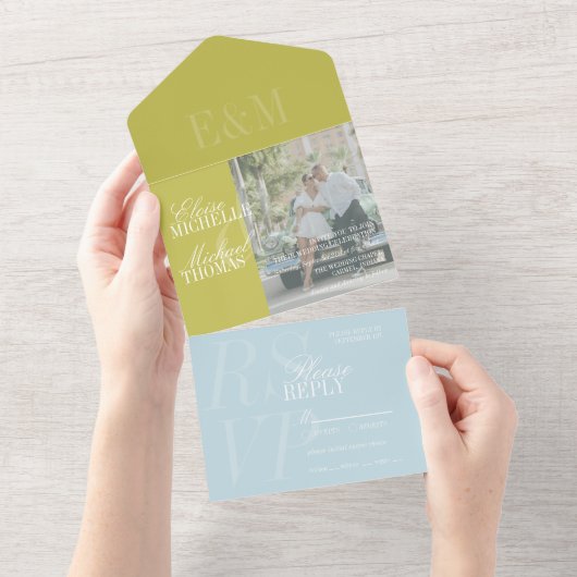 Modern Script Chartreuse and Blue Wedding All In One Uitnodiging (Afscheurbaar)