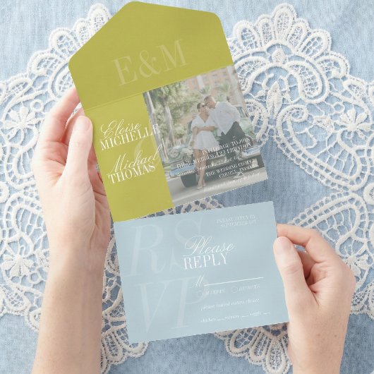 Modern Script Chartreuse and Blue Wedding All In One Uitnodiging