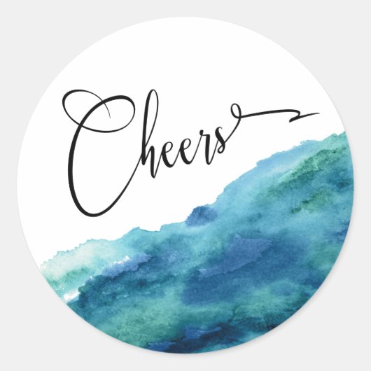 Modern Script Cheers, Blue Green Aqua Waterverf Ronde Sticker (Voorkant)