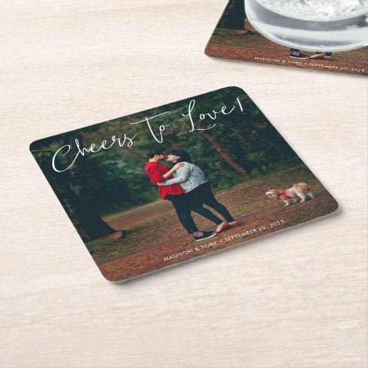 Modern Script Cheers to Love Photo Wedding Kartonnen Onderzetters (Schuin)