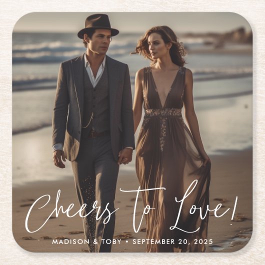 Modern Script Cheers to Love Photo Wedding Kartonnen Onderzetters (Voorkant)