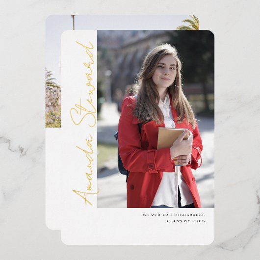 Modern Script Chic Photo Afstuderen Aankondiging (Voorkant / Achterkant)