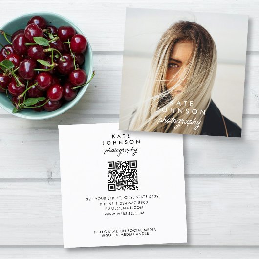 Modern Script Chique Volledige foto QR Code Social Vierkante Visitekaartje