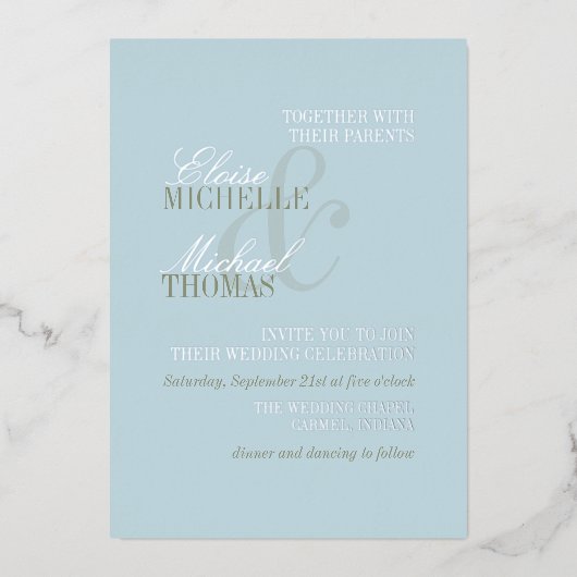Modern Script Citrus Blue Formal Wedding Folie Uitnodiging (Voorkant)