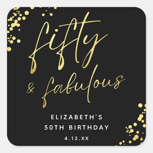 Modern Script Confetti Fifty en Fabulous Birthday Vierkante Sticker (Voorkant)