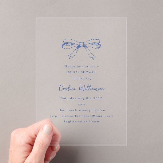 Modern Script Coquette Bow Blue Vrijgezellenfeest Acryl Uitnodigingen (Insitu (Draagbaar))