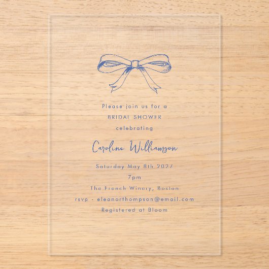 Modern Script Coquette Bow Blue Vrijgezellenfeest Acryl Uitnodigingen (Voorkant)