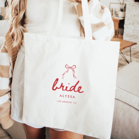 Modern Script Coquette Bow Bride's Name Wedding Tote Bag