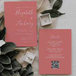 Modern Script Coral Pink QR Code Wedding Kaart