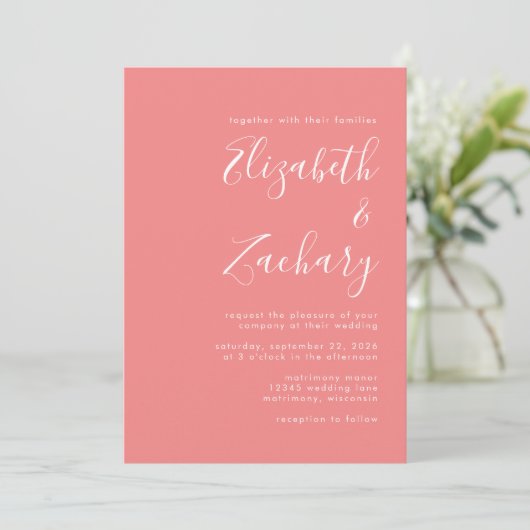 Modern Script Coral Pink QR Code Wedding Kaart (Staand voorkant)
