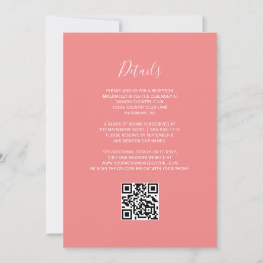 Modern Script Coral Pink QR Code Wedding Kaart (Achterkant)
