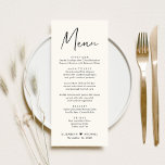 Modern Script Cream Bruiloft Receptie Menu<br><div class="desc">Modern licht crème huwelijksreceptie menu met "Menu" in een chique hedendaags script,  uw menu in eenvoudige typografie,  uw namen verbonden door een hart en uw ontvangstdatum.</div>