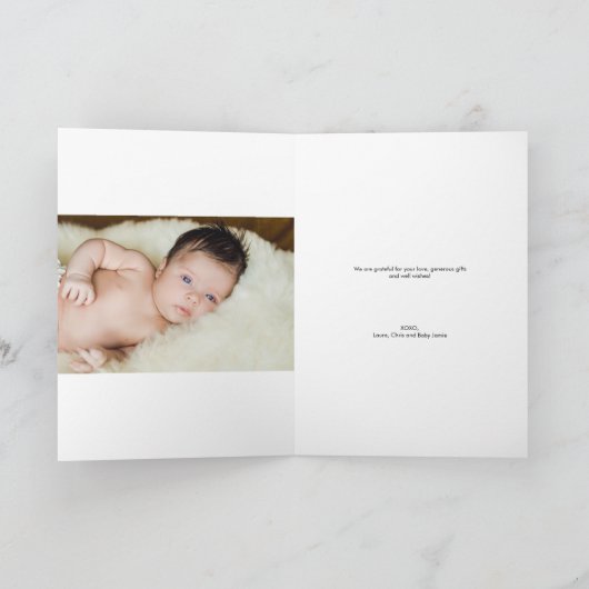 Modern Script Custom Baby shower Foto's Bedankkaart (Binnen)