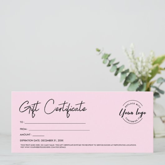 Modern Script Custom Logo Gift Certificaat Roze Kaart (Staand voorkant)