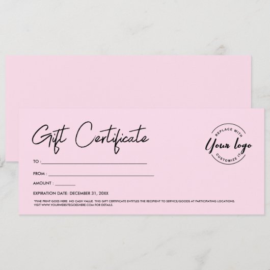 Modern Script Custom Logo Gift Certificaat Roze Kaart (Voorkant / Achterkant)