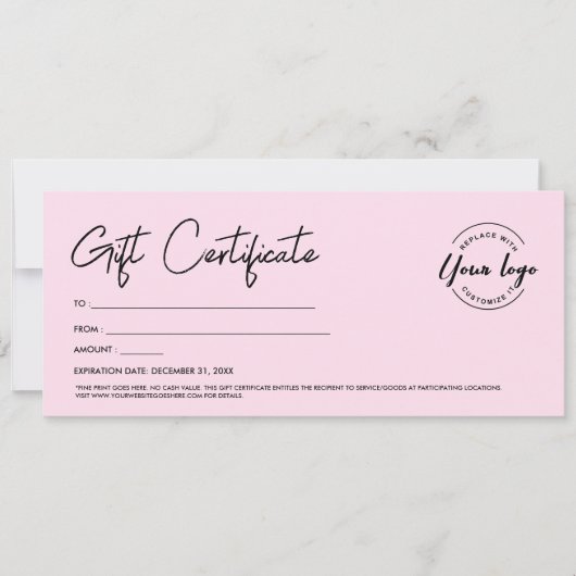 Modern Script Custom Logo Gift Certificaat Roze Kaart (Voorkant)
