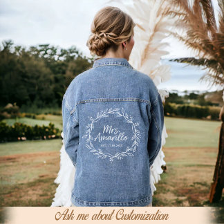 Modern Script Custom Mrs Bruiloft Bloemen krans Denim Jacket