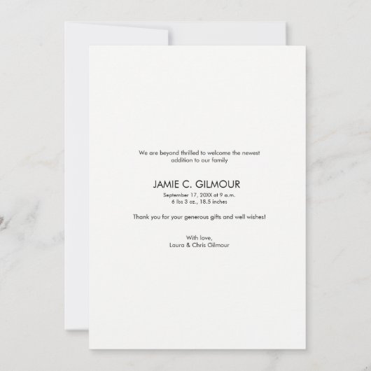 Modern script Dank je Baby Foto geboorte Aankondiging (Achterkant)