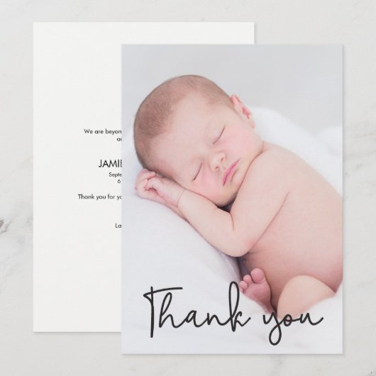 Modern script Dank je Baby Foto geboorte Aankondiging (Voorkant / Achterkant)
