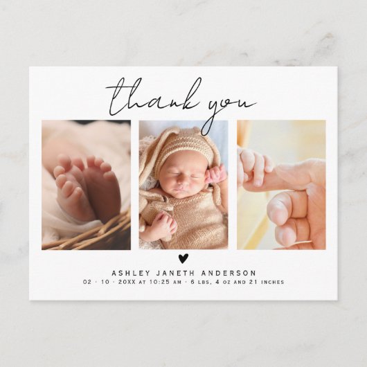 Modern script dank u 3 foto's Baby shower Briefkaart (Voorkant)