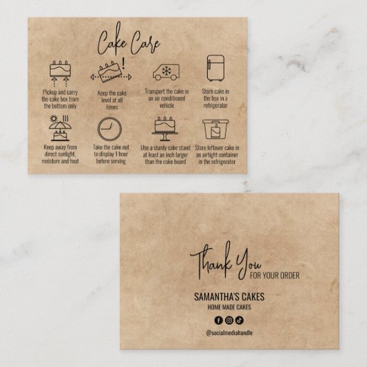 Modern script Dank u Cake Care instructies Visitekaartje (Voorkant / Achterkant)