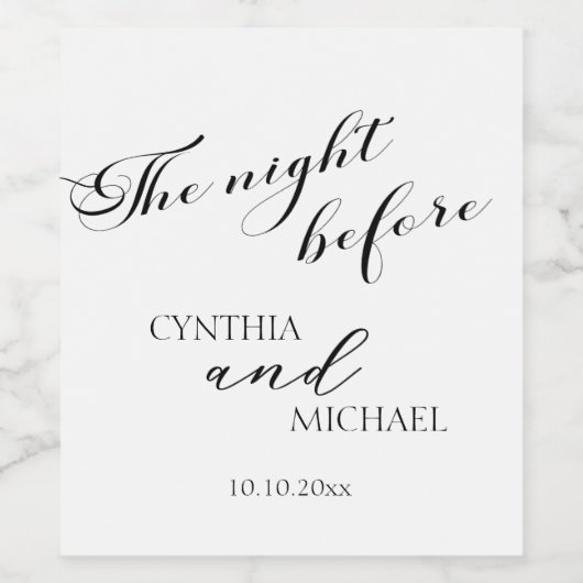 Modern script 'de nacht voor de bruiloft' wijn etiket (Enkel label)