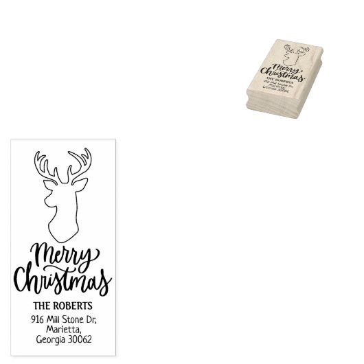 Modern Script Deer Merry Christmas Rubberstempel (Gestempeld)