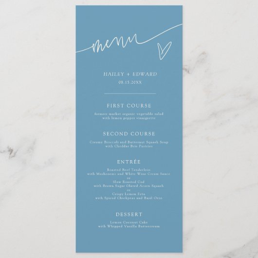 Modern Script Denim Blauwe Trouwmenu Menu (Voorkant)