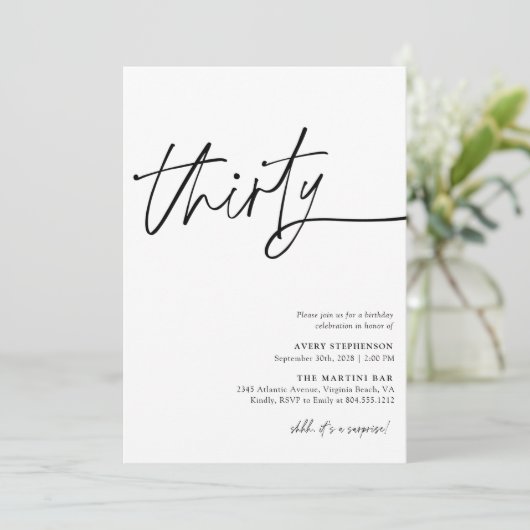 Modern Script Dertigste Verjaardagsfeestje Kaart (Staand voorkant)
