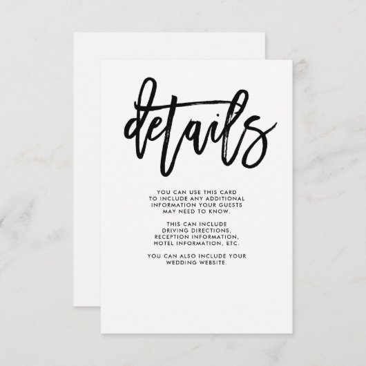 Modern script | Details van de bruiloft Informatiekaartje (Voorkant / Achterkant)