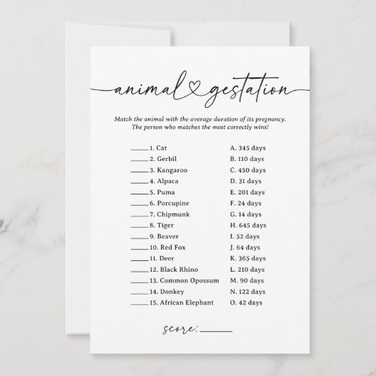 Modern Script Dier Gestation Baby shower Game Kaart (Voorkant)