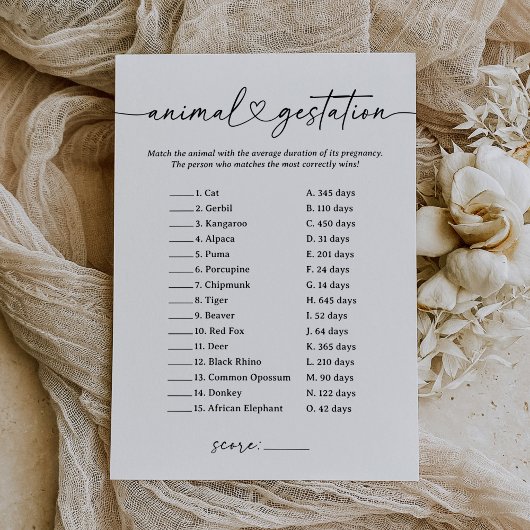 Modern Script Dier Gestation Baby shower Game Kaart
