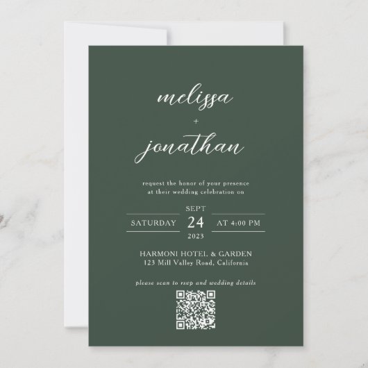 Modern Script Donker Groen Monogram QR-code Bruilo Kaart (Voorkant)