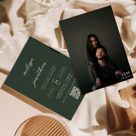 Modern Script Donker Groen Monogram QR-code Bruilo Kaart