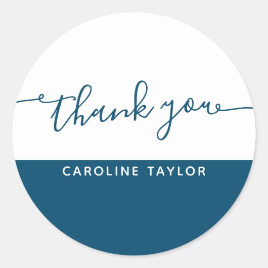 Modern script donkerblauw: bedankt ronde sticker (Voorkant)