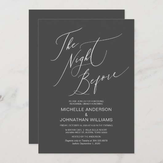 Modern script, donkergrijs, bruiloft repetitie din kaart (Voorkant / Achterkant)