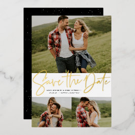 Modern script drie foto goud opslaan van de datum folie uitnodiging